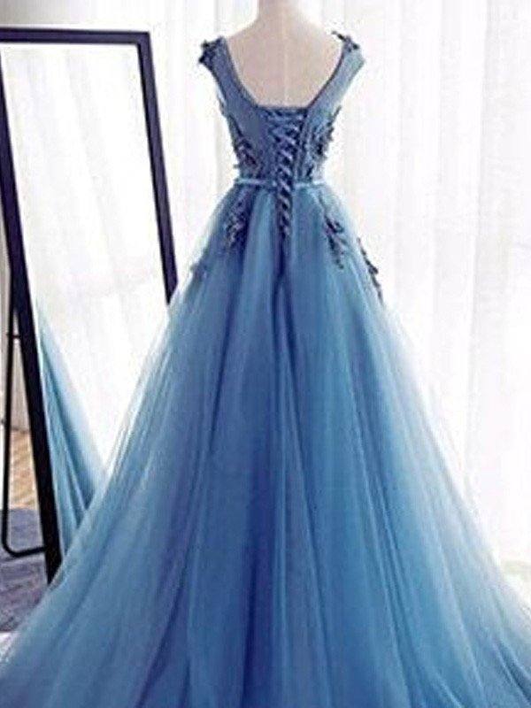 Ball Gown Sleeveless Jewel Sweep/Brush Train Applique Tulle Dresses - RongMoon
