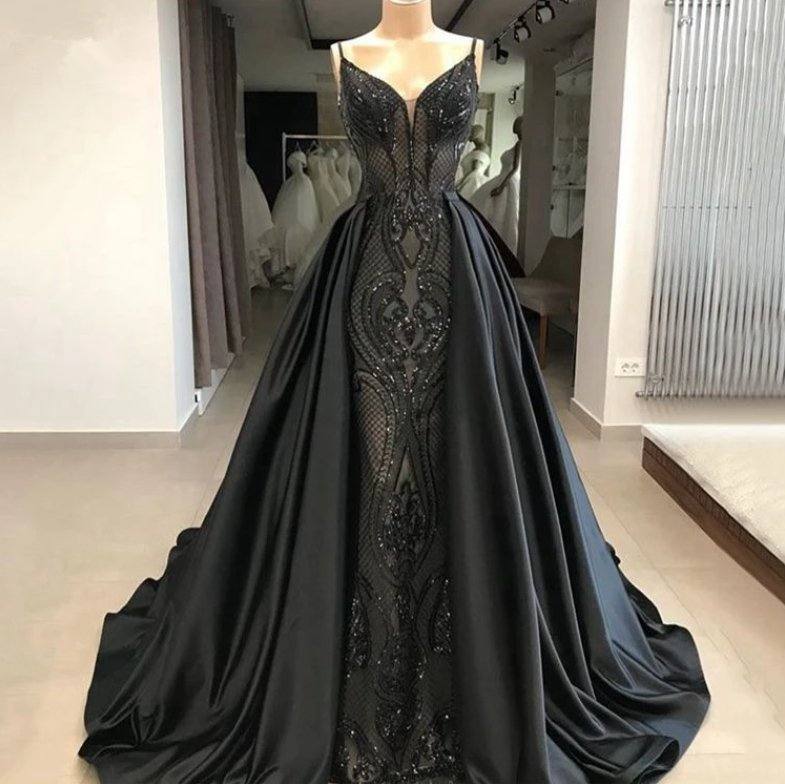 Black Robe De Soiree A-line Spaghetti Straps Appliques Long Prom Dresses Prom Gown Evening Dresses - RongMoon