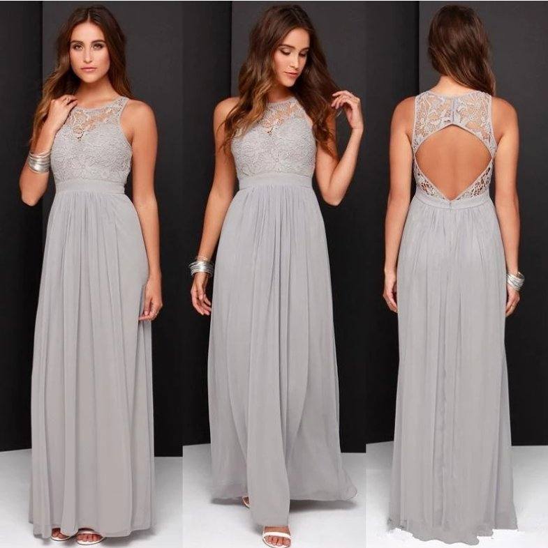 Backless Bridesmaid Dresses For Women A-line Chiffon Lace Silver Long Cheap Under 50 Wedding Party Dresses - RongMoon