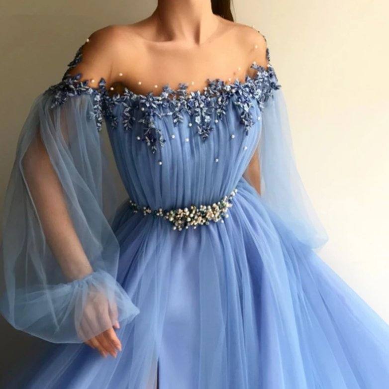 Blue Muslim Evening Dresses A-line Long Sleeves Tulle Lace Pearls Slit Islamic Dubai Saudi Arabic Long Formal Evening Gown - RongMoon