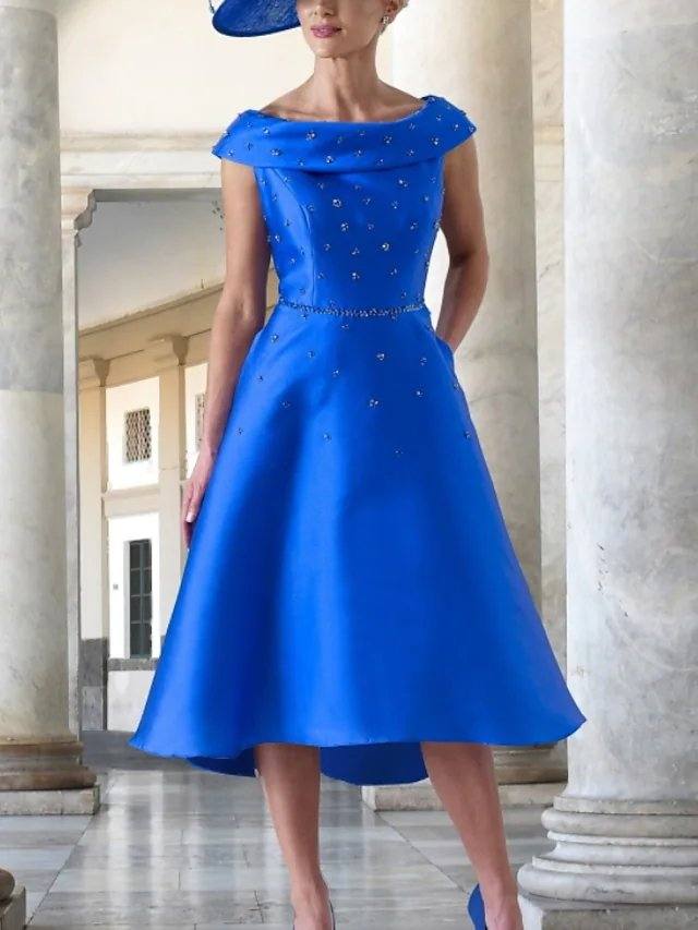 A-Line Mother of the Bride Dress Elegant Jewel Neck Knee Length Satin Sleeveless with Ruching - RongMoon