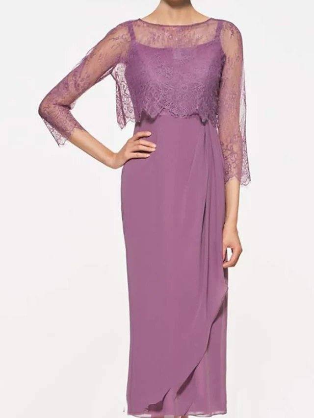 A-Line Mother of the Bride Dress Elegant Jewel Neck Ankle Length Chiffon Lace 3/4 Length Sleeve with Ruffles - RongMoon