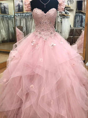 Pink Sweetheart neck tulle lace long prom dress, sweet 16 dress - RongMoon