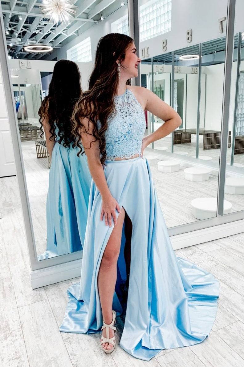 Blue two pieces lace satin long prom dress blue formal dress - RongMoon