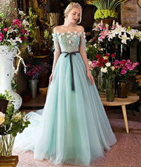 Unique green lace tulle long prom dress, green evening dress - RongMoon