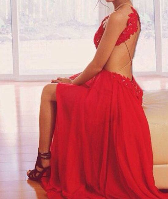 A-line Red Lace Backless Long Prom Dress,Evening Dress - RongMoon