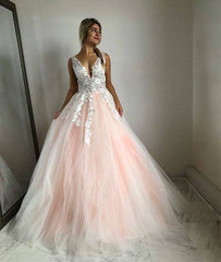 Pink v neck tulle lace long prom dress, pink evening dress - RongMoon