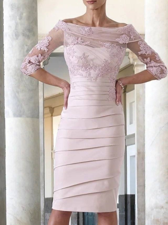Sheath / Column Mother of the Bride Dress Elegant Jewel Neck Knee Length Taffeta Half Sleeve with Appliques Ruching - RongMoon