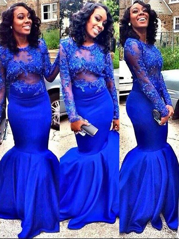 Trumpet/Mermaid Satin Long Sleeves Scoop Applique Floor-Length Dresses - RongMoon