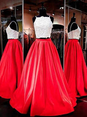 A-Line/Princess Spaghetti Straps Sleeveless Satin Floor-Length Lace Two Piece Dresses - RongMoon