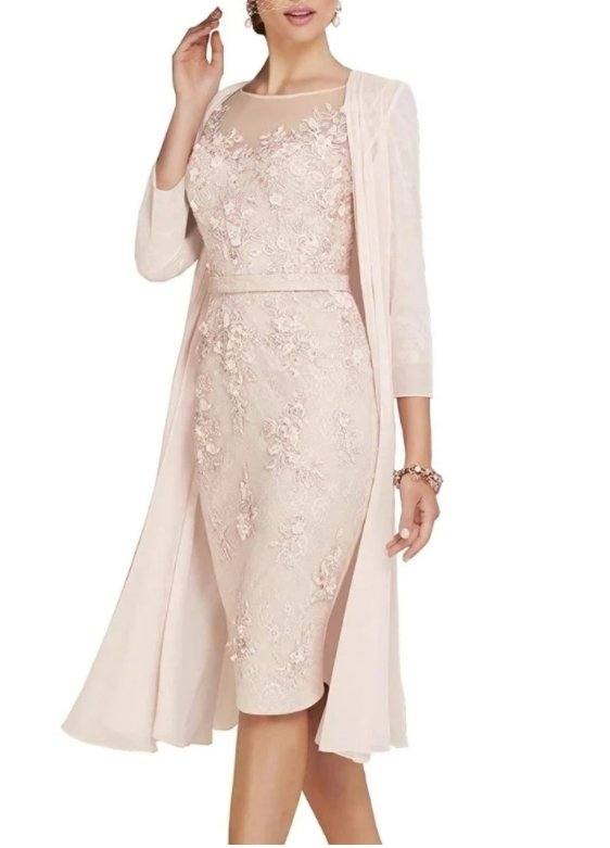 With Jacket Mother Of The Bride Dresses Sheath Knee Length Chiffon Lace Beaded Short Groom Mother Dresses For Weddings - RongMoon