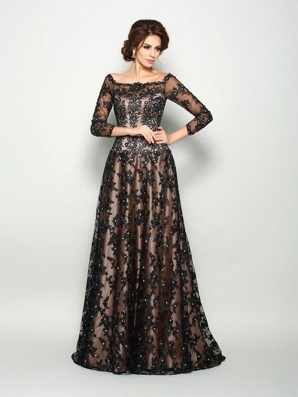 A-Line/Princess Off-the-Shoulder Lace 3/4 Sleeves Long Satin Mother of the Bride Dresses - RongMoon