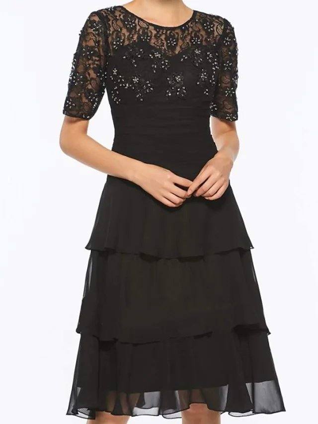 A-Line Mother of the Bride Dress Elegant Jewel Neck Knee Length Chiffon Lace Short Sleeve with Embroidery Cascading Ruffles - RongMoon