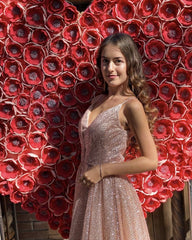 A-line/Princess Pleated V Neck Prom Dresses Glitter