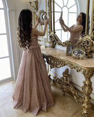 A-line/Princess Pleated V Neck Prom Dresses Glitter