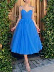 Simple v neck blue tulle short prom dress, blue homecoming dress - RongMoon