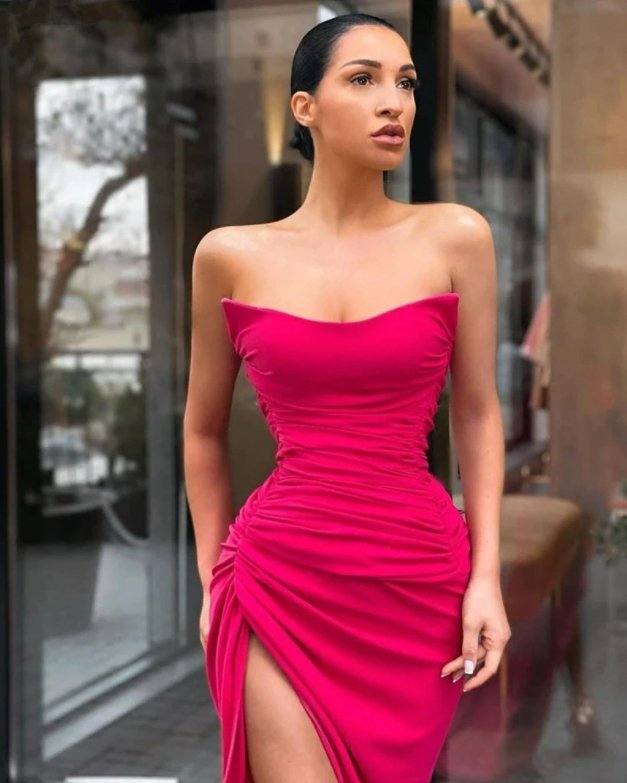 Sexy Mermaid Prom Dresses Sleeveless Side Slit Spandex Satin Evening Dresses With Zipper Back - RongMoon