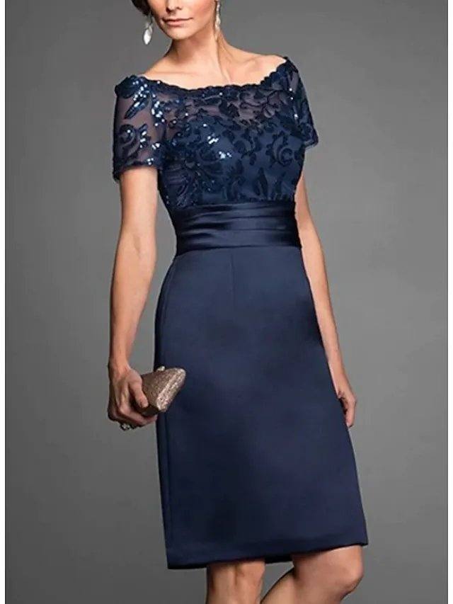Sheath / Column Mother of the Bride Dress Elegant Off Shoulder Knee Length Chiffon Lace Tulle Short Sleeve with Lace Sequin - RongMoon