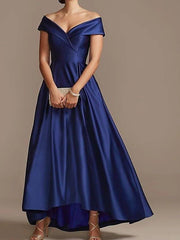 A-Line Mother of the Bride Dress Elegant Off Shoulder Asymmetrical Satin Short Sleeve with Pleats - RongMoon