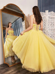 Yellow tulle lace tea length prom dress, lace tulle formal dress - RongMoon
