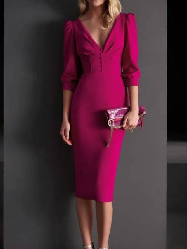 Sheath / Column Mother of the Bride Dress Elegant V Neck Knee Length Satin 3/4 Length Sleeve with Buttons - RongMoon