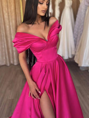 Simple off shoulder v neck satin long prom dress, red evening dress - RongMoon
