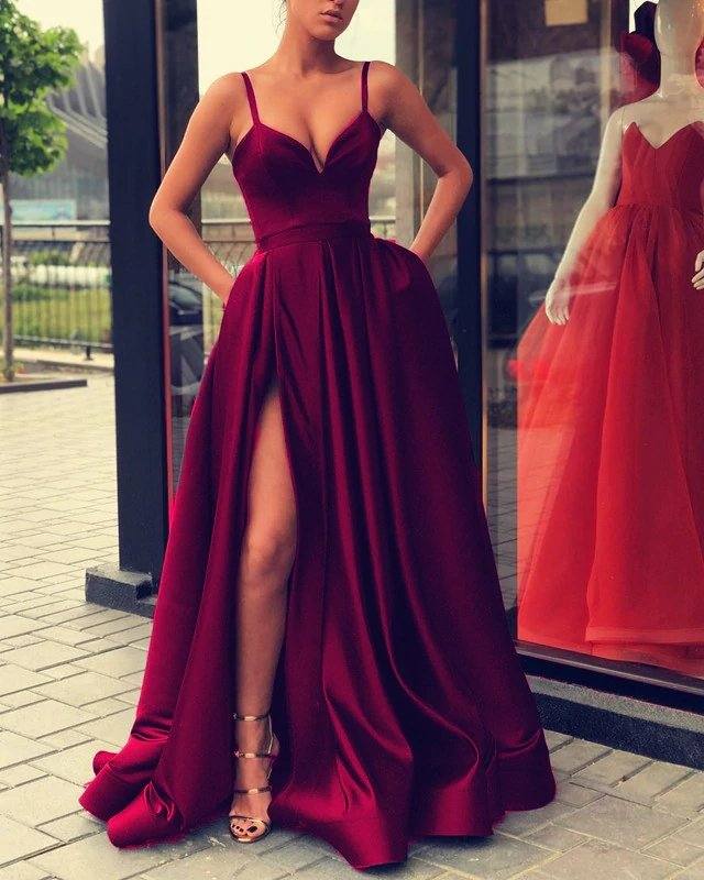 Sexy Split Prom Dress Long Satin V-neck Evening Gown With Straps - RongMoon