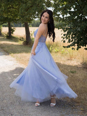 Blue v neck tulle lace long prom dress blue tulle lace evening dress - RongMoon
