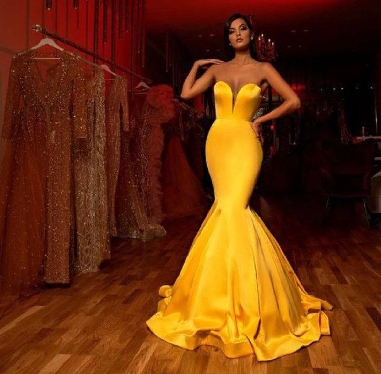 Yellow Evening Dresses Mermaid Sweetheart Floor Length Satin Long Turkey Dubai Saudi Arabic Evening Gown Prom Dresses - RongMoon