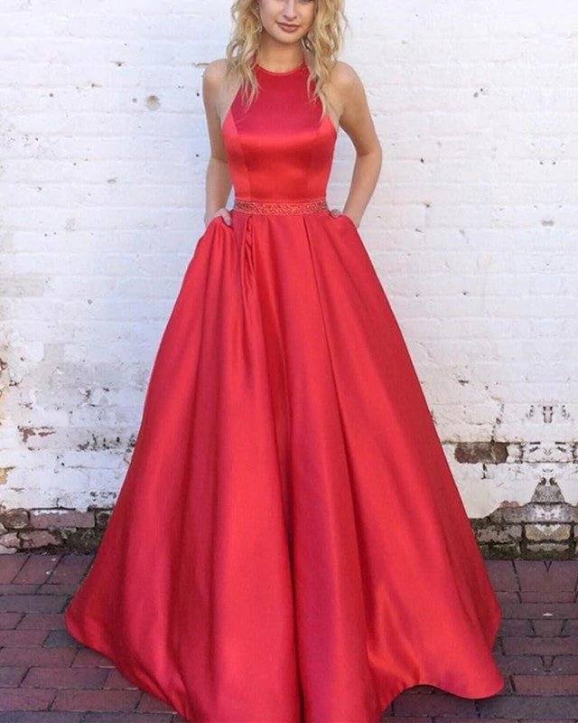 halter long satin ball gowns prom dresses open back - RongMoon