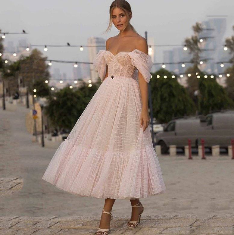 Modest Short Prom Dresses 2021 Off Shoulder Dots Tulle Princess Homecoming Dress Pink Evening Formal Party Gowns Abendkleider - RongMoon