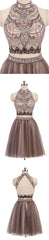 Two Pieces Gorgeous Beading High Neck Open Back Sleeveless Light Brown  Homecoming Dresses,BD0142