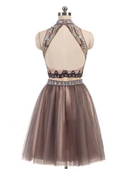 Two Pieces Gorgeous Beading High Neck Open Back Sleeveless Light Brown  Homecoming Dresses,BD0142