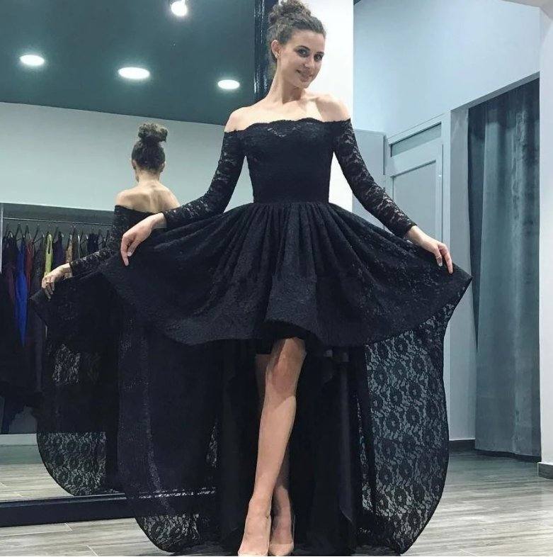 Hi Low Robe De Soiree Ball Gown Boat Neck Long Sleeves Lace Black Sexy Long Prom Dresses Prom Gown Evening Dresses - RongMoon