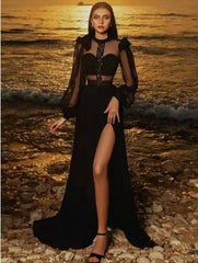 Black Evening Dresses A-line Long Sleeves Chiffon Beaded Slit Long Turkey Dubai Saudi Arabic Evening Gown Prom Dresses - RongMoon