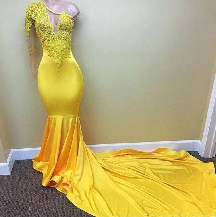 Yellow Robe De Soiree Mermaid One-shoulder Long Sleeves Lace Beaded Sexy Long Prom Dresses Prom Gown Evening Dresses - RongMoon