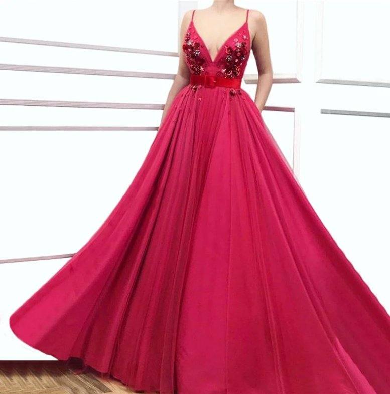 Fuchsia Muslim Evening Dresses A-line V-neck Tulle Beaded Flowers Islamic Dubai Saudi Arabic Long Formal Evening Gown - RongMoon