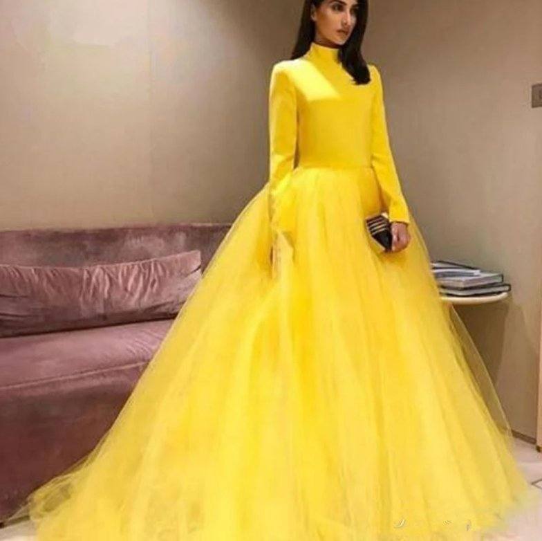 Yellow Muslim Evening Dresses Ball Gown Long Sleeves Tulle Elegant Islamic Dubai Saudi Arabic Long Formal Evening Gown Prom - RongMoon
