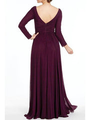 A-Line Mother of the Bride Dress Elegant V Neck Knee Length Chiffon Long Sleeve with Pleats Split Front - RongMoon