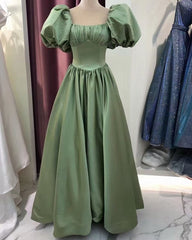Army Green Prom Dresses Ball Gown Satin Puffy Sleeves