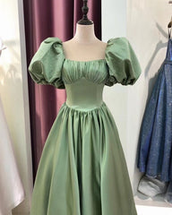 Army Green Prom Dresses Ball Gown Satin Puffy Sleeves