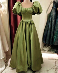 Army Green Prom Dresses Ball Gown Satin Puffy Sleeves