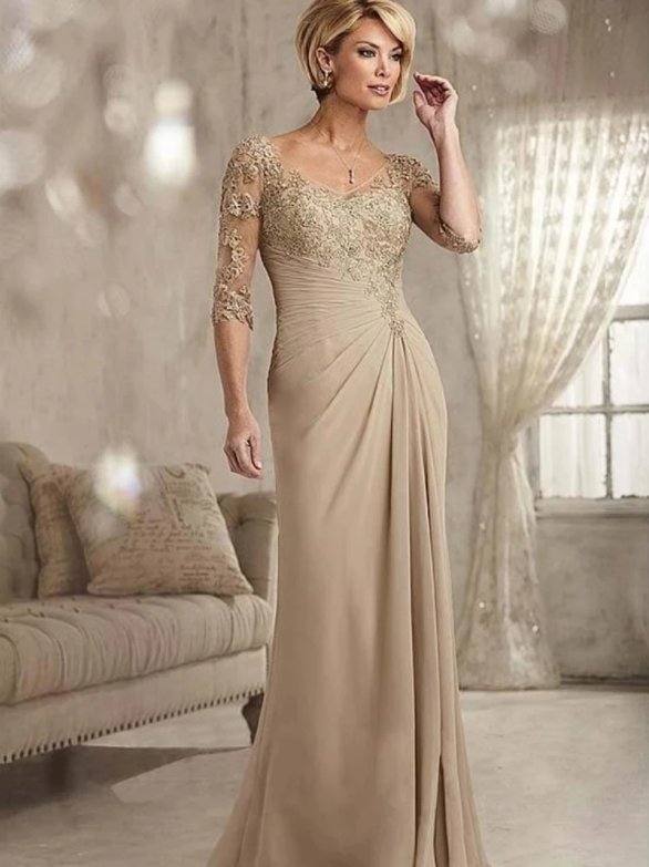 Plus Size Mother Of The Bride Dresses A-line V-neck Half Sleeves Chiffon Appliques Long Groom Mother Dresses Wedding - RongMoon