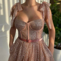A-Line Glitter Prom Dress Rose Golden Sequined Evening Dress Floor Length Party Dresses Customized - RongMoon