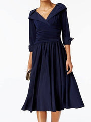 A-Line Mother of the Bride Dress Elegant V Neck Tea Length Polyester Half Sleeve with Buttons Ruching - RongMoon