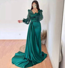 Teal Evening Dresses A-line V-neck Long Sleeves Satin Sequins Long Turkey Dubai Saudi Arabic Evening Gown Prom Dresses - RongMoon