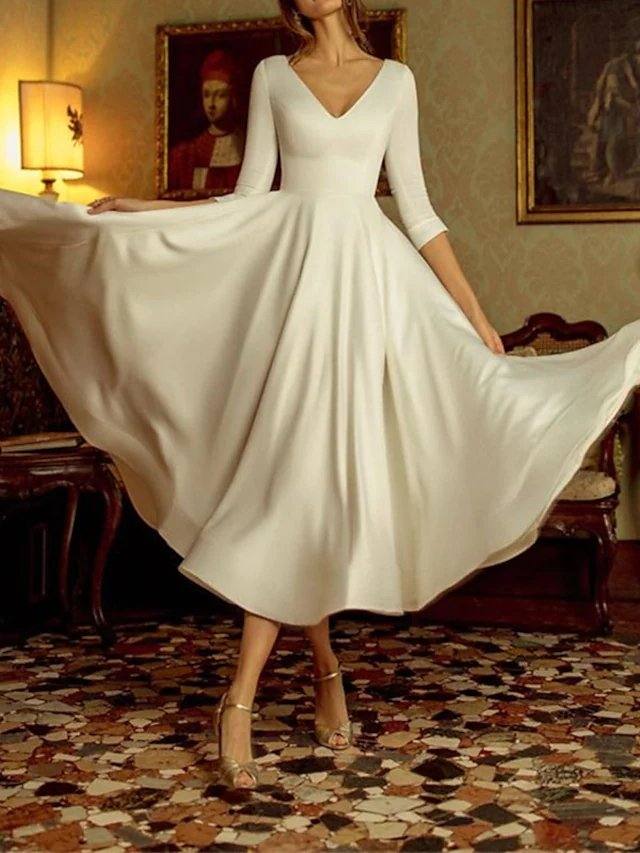 A-Line Wedding Dresses V Neck Tea Length Satin 3/4 Length Sleeve Simple Vintage Little White Dress 1950s with Pleats - RongMoon