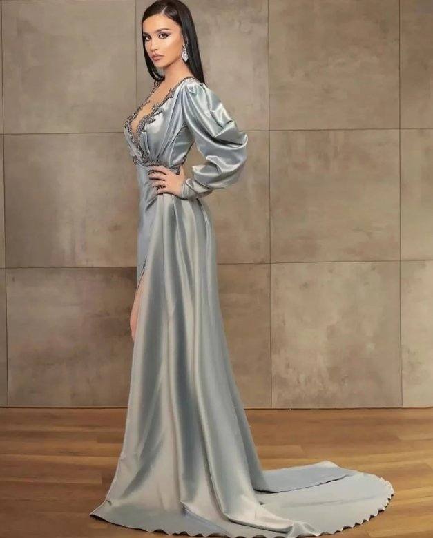 Gray Evening Dresses Mermaid Scoop Long Sleeves Beaded Slit Long Turkey Dubai Saudi Arabic Evening Gown Prom Dresses - RongMoon