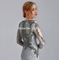 Gray Mother Of The Bride Dresses Mermaid V-neck Long Sleeves Lace Beaded Long Wedding Party Dress Mother Dress For Wedding - RongMoon
