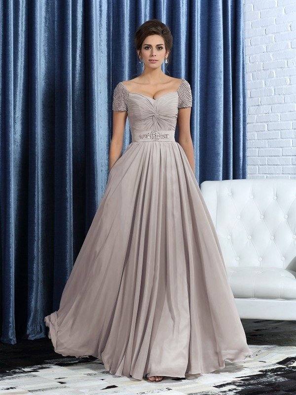 A-Line/Princess Sweetheart Beading Short Sleeves Long Chiffon Mother of the Bride Dresses - RongMoon